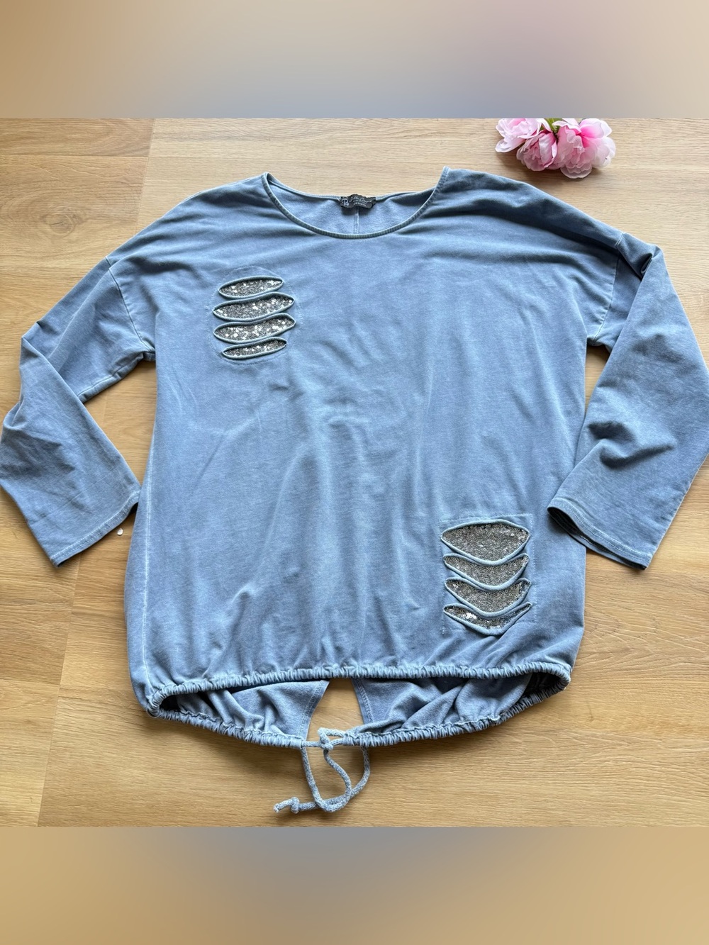 Bella Amore sweatshirt large blue/Gray Long-Sleeves Drawstring sequins stretch